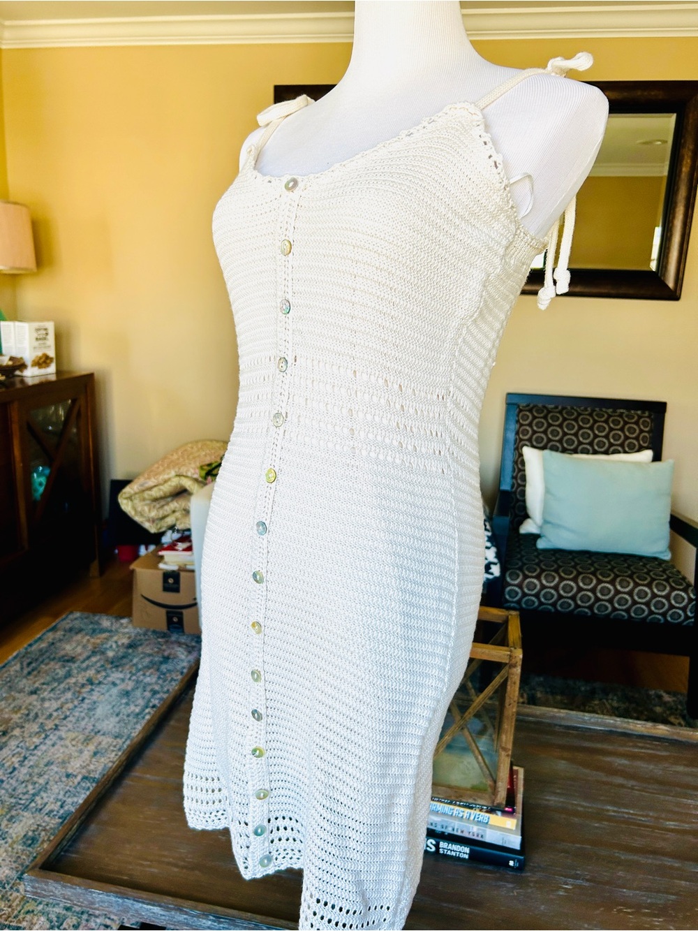 Olive + Oak Cream Crochet Button-Front Mini Dress Size Small Tie Straps Summer - Picture 4 of 11